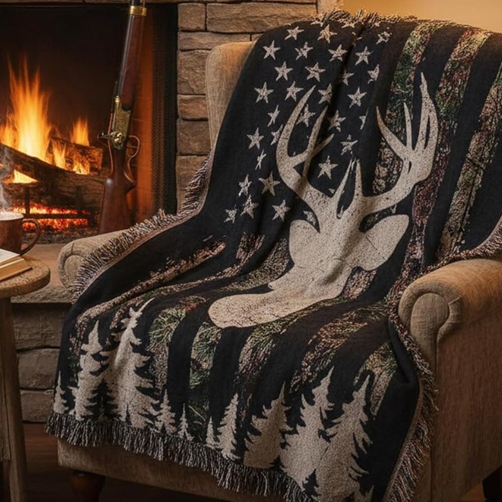 American Flag Deer Woven Tapestry Blanket 50"x60"